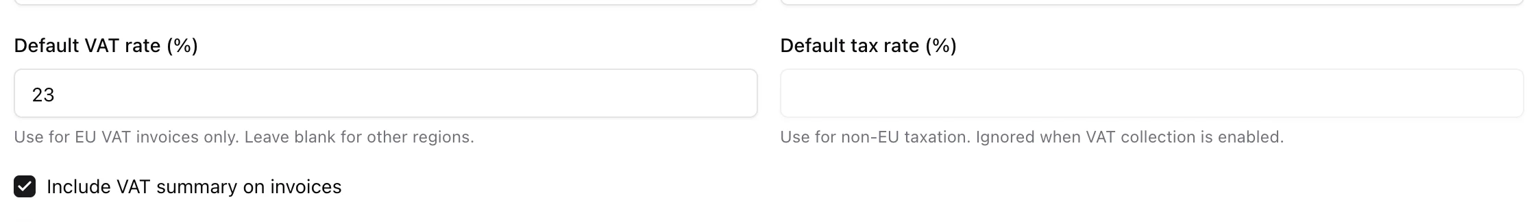 Tax settings: Default VAT rate set to 23 percent, the non-EU tax rate field disabled, and Include VAT summary on invoices enabled
