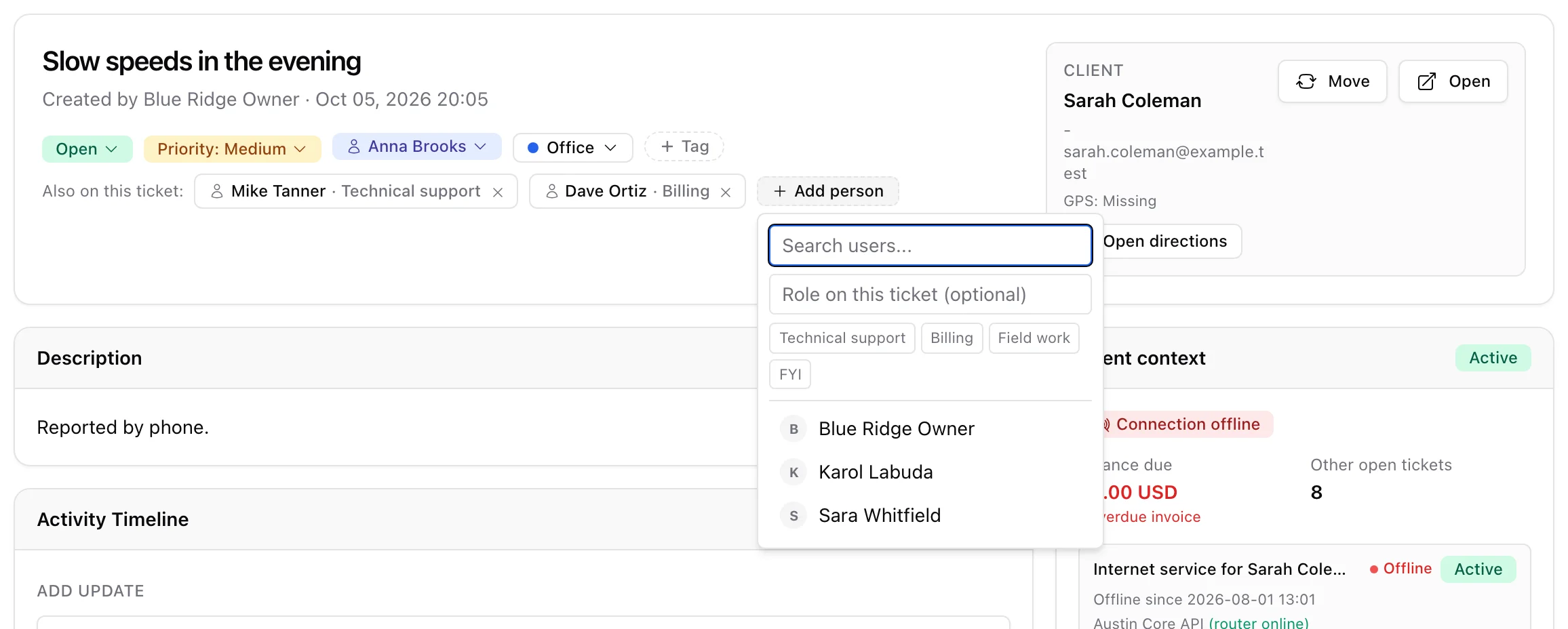 The Add person panel on a ticket: a user search, a role field with suggestions and the list of staff