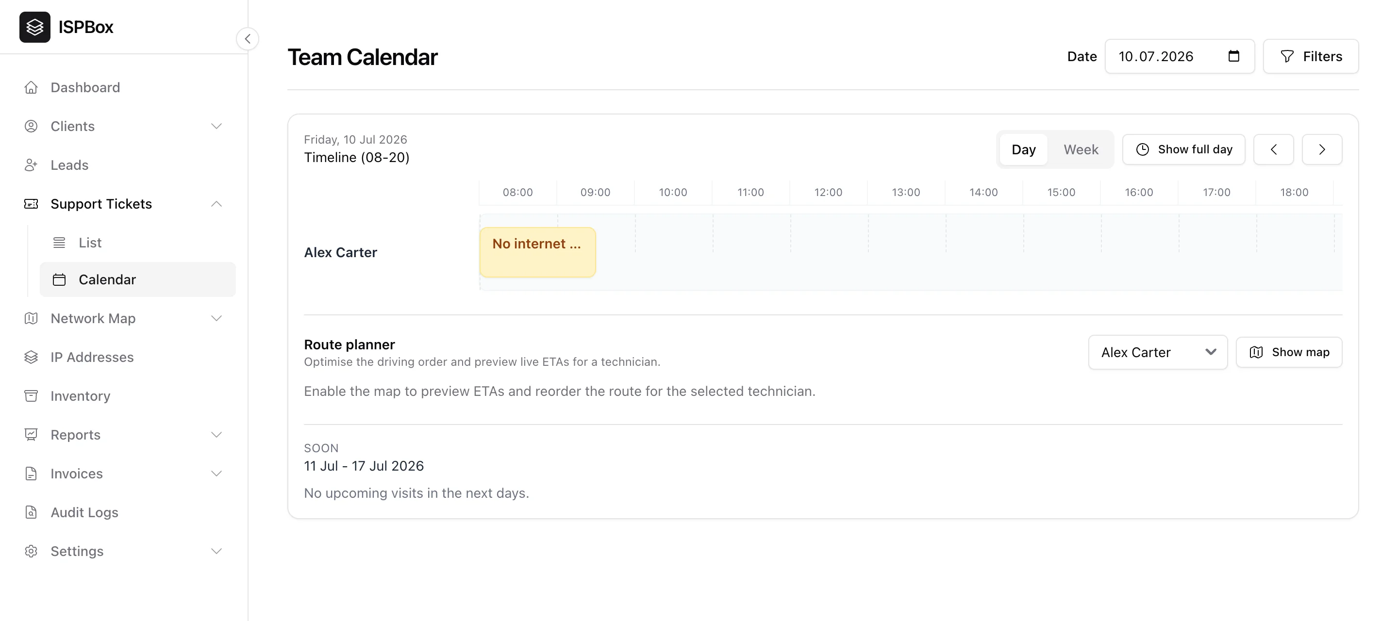 The team calendar: a day timeline per technician with a scheduled visit, plus a route planner