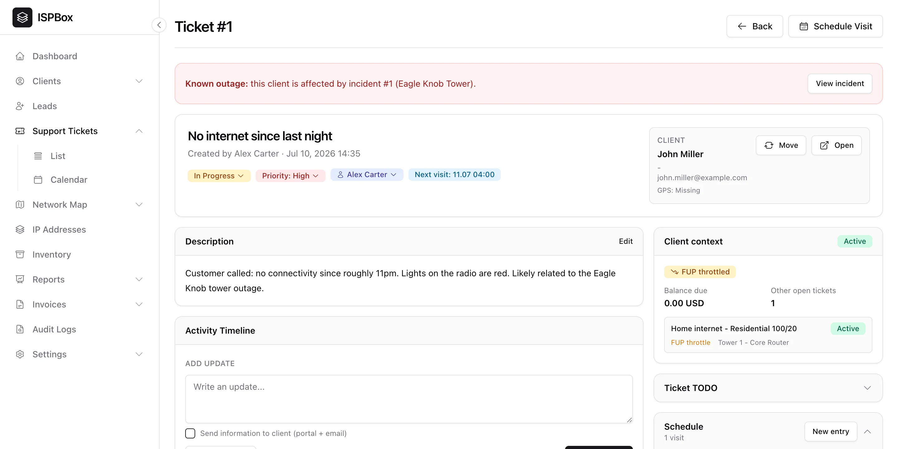 A ticket detail page: outage banner, status/priority/assignee pills, client card and client context