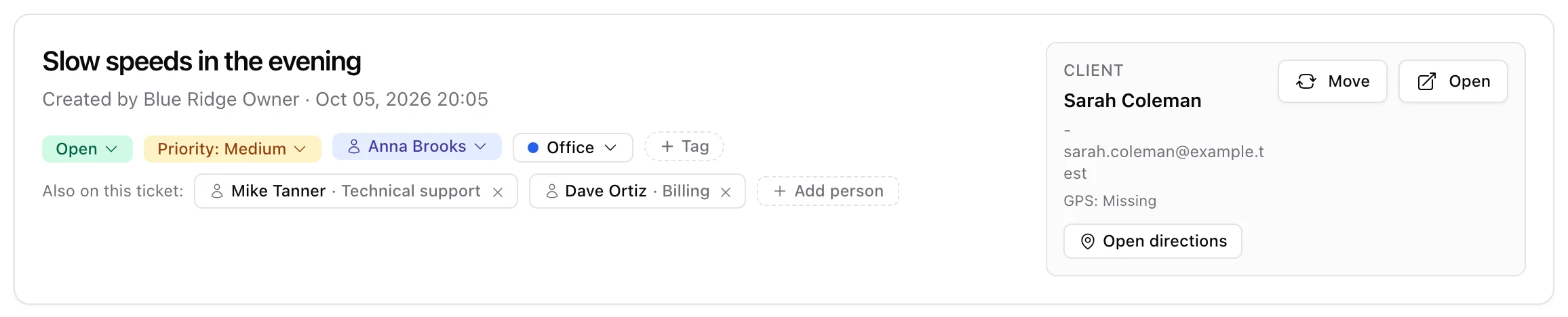 A ticket header with status, priority, assignee and group pills, and two participants with their roles under them