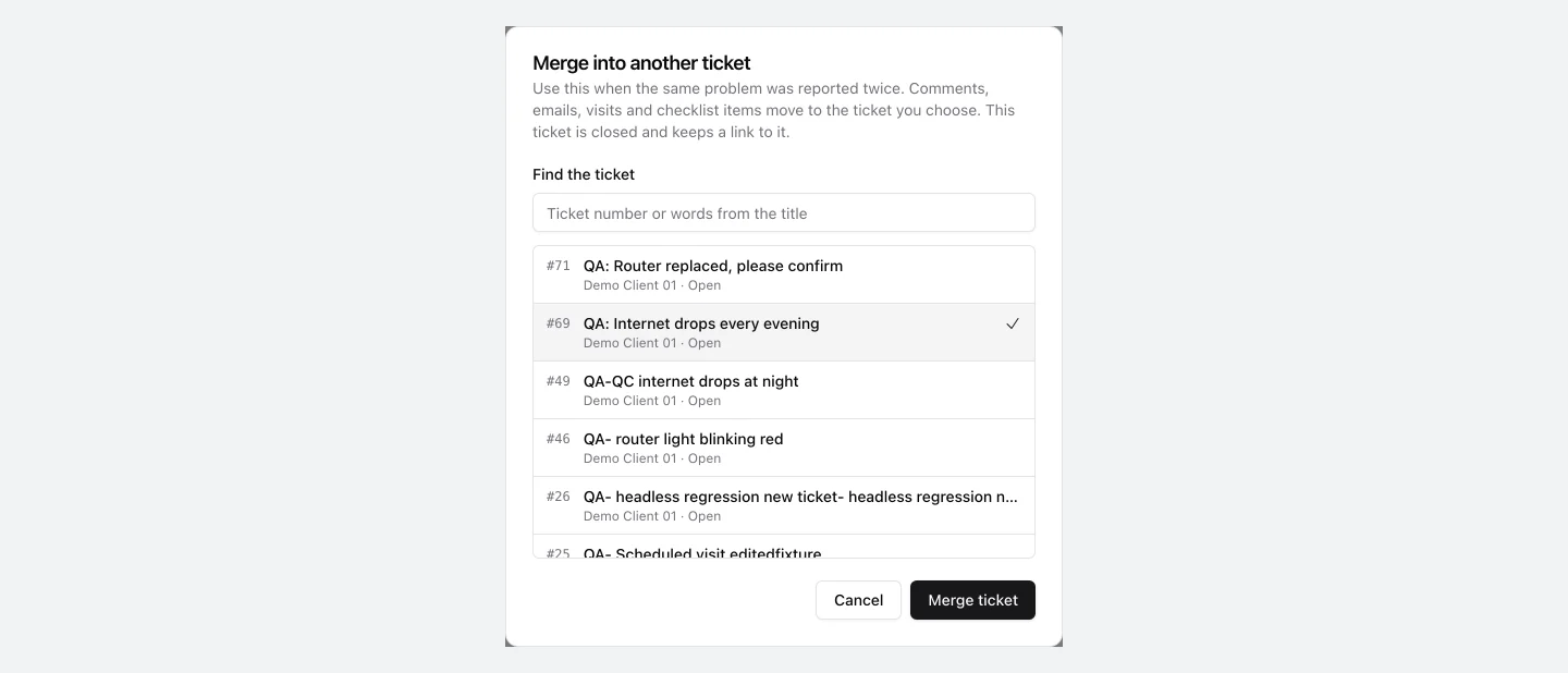 The Merge into another ticket dialog listing the other tickets of the same customer