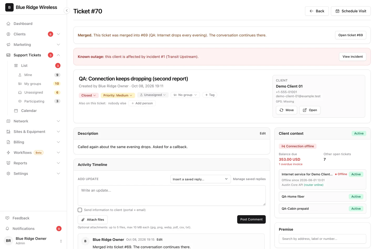 A merged ticket with a banner linking to the ticket that now holds the conversation