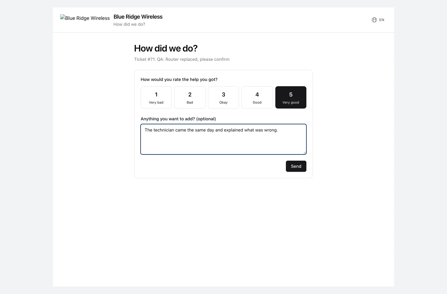 The public rating page with five scores from Very bad to Very good and an optional comment