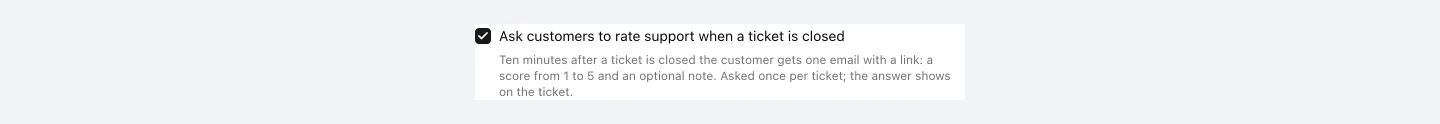 The setting Ask customers to rate support when a ticket is closed in the customer portal settings