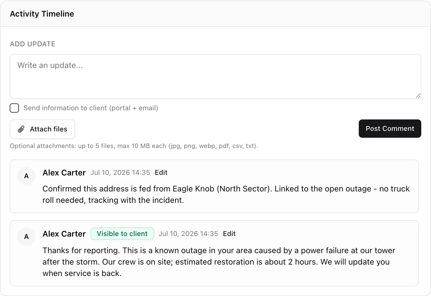 The activity timeline: an update box with a send-to-client toggle and attachments, plus posted comments