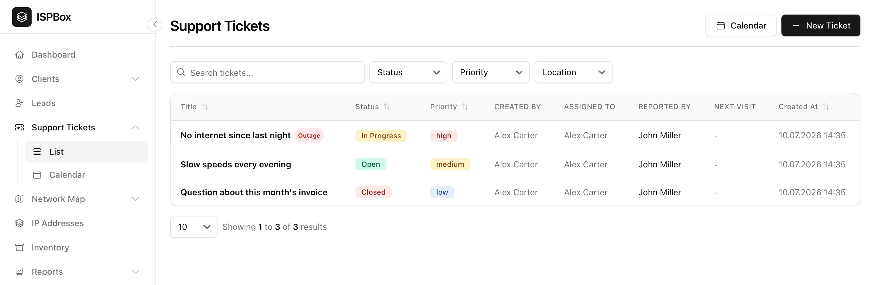 The support tickets list with status, priority, assignee, reported-by and next-visit columns