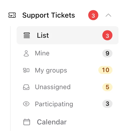 The side menu under Support Tickets: List, then Mine, My groups, Unassigned and Participating with their counts