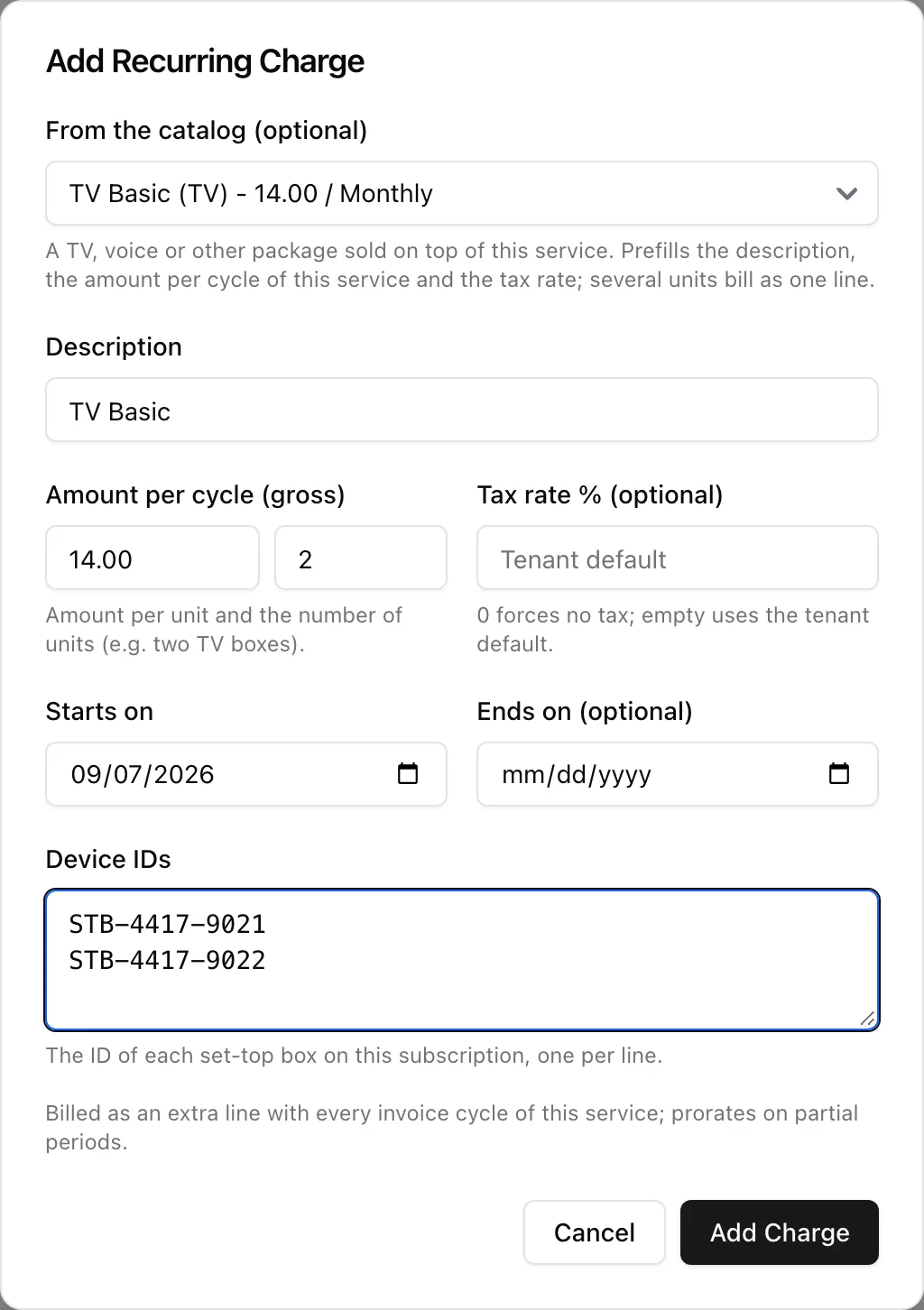 The Add Recurring Charge dialog with From the catalog set to TV Basic, a prefilled description and amount, a quantity of 2, start and end dates and a Device IDs box