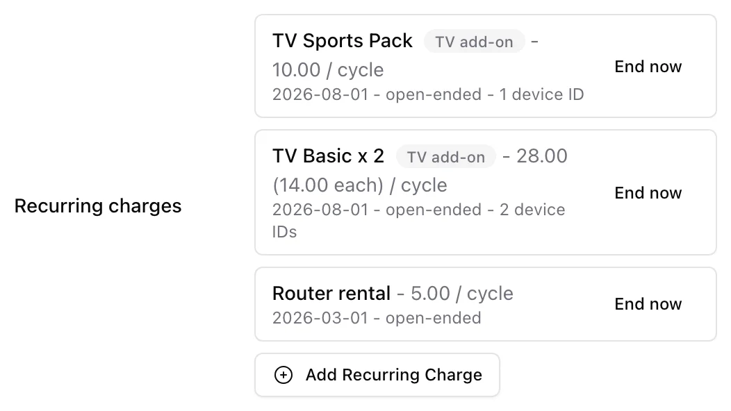 The recurring charges list on a service: a TV Basic x 2 row with a TV add-on badge, the combined and per-unit amounts and a 2 device IDs summary, above a plain Router rental row