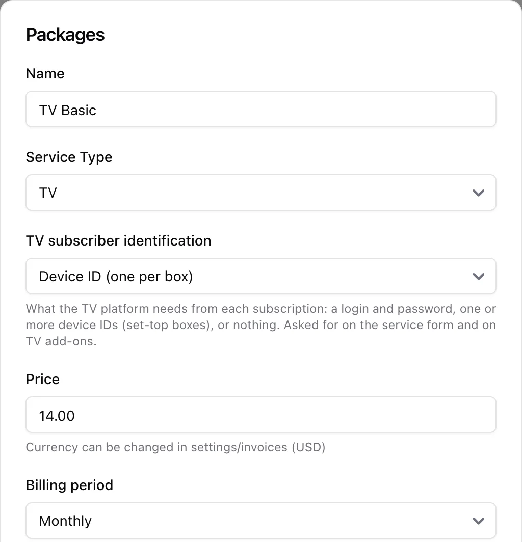 The package form with Service Type set to TV and a TV subscriber identification select showing Device ID (one per box)