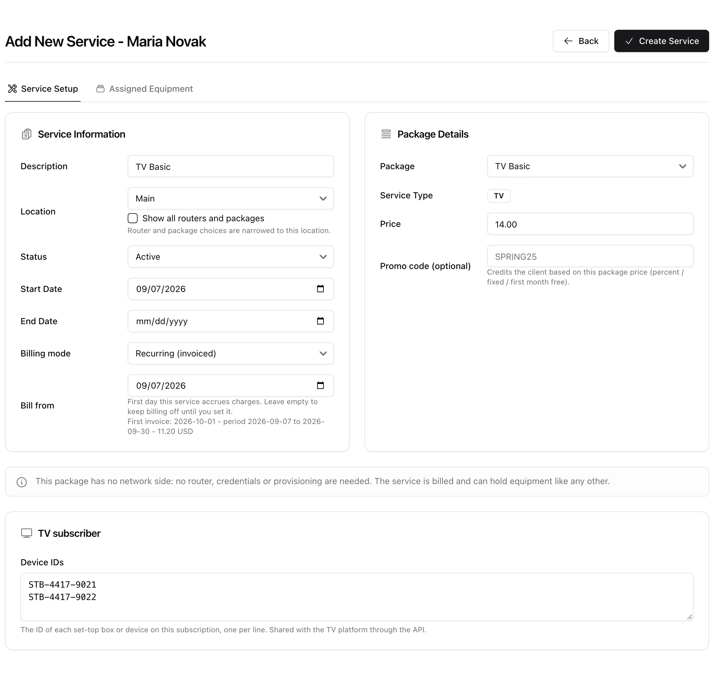 The Add New Service form on a TV package: service information and package details, an information note saying the package has no network side, and a TV subscriber card with a Device IDs box