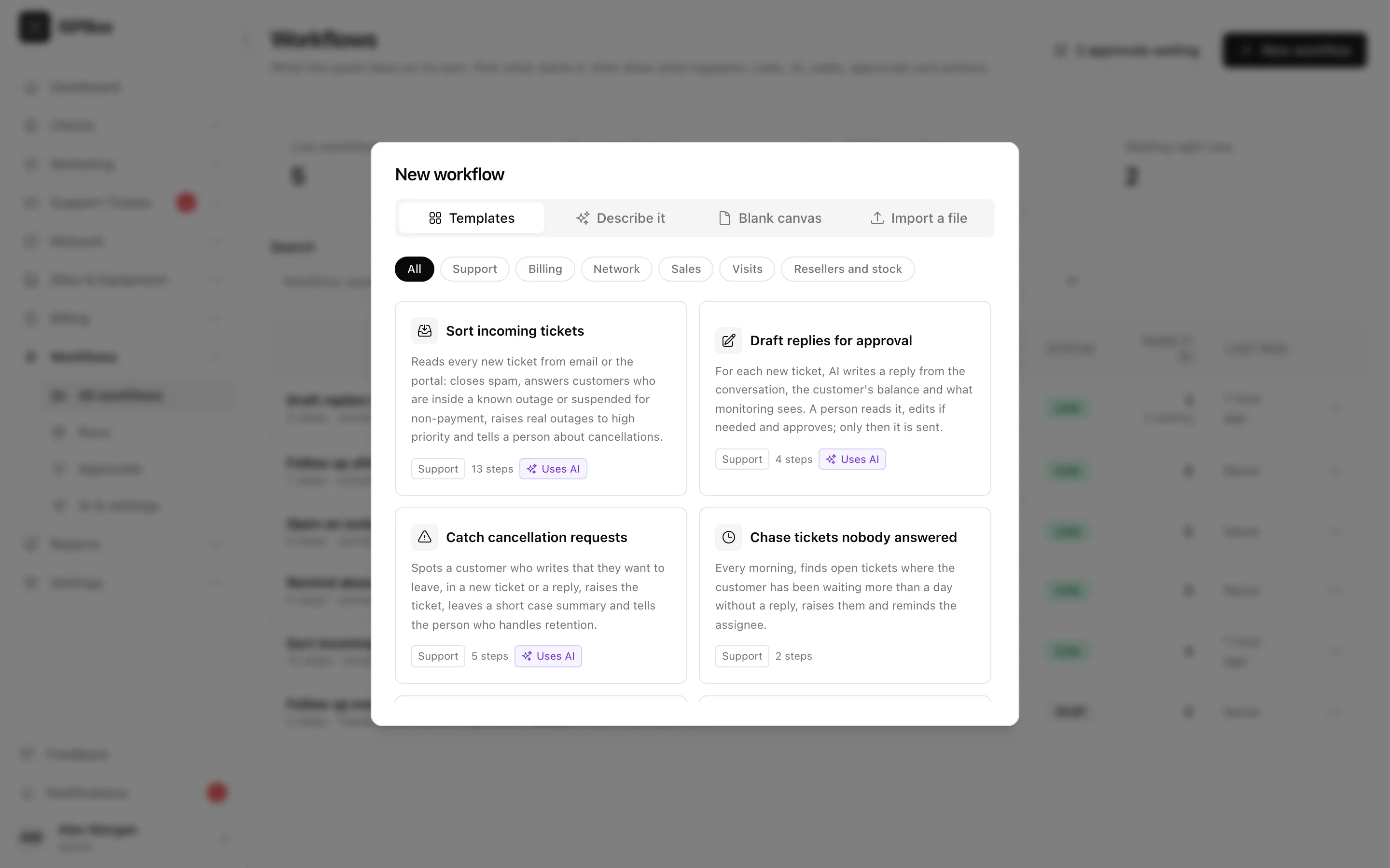 The New workflow dialog with the tabs Templates, Describe it, Blank canvas and Import a file
