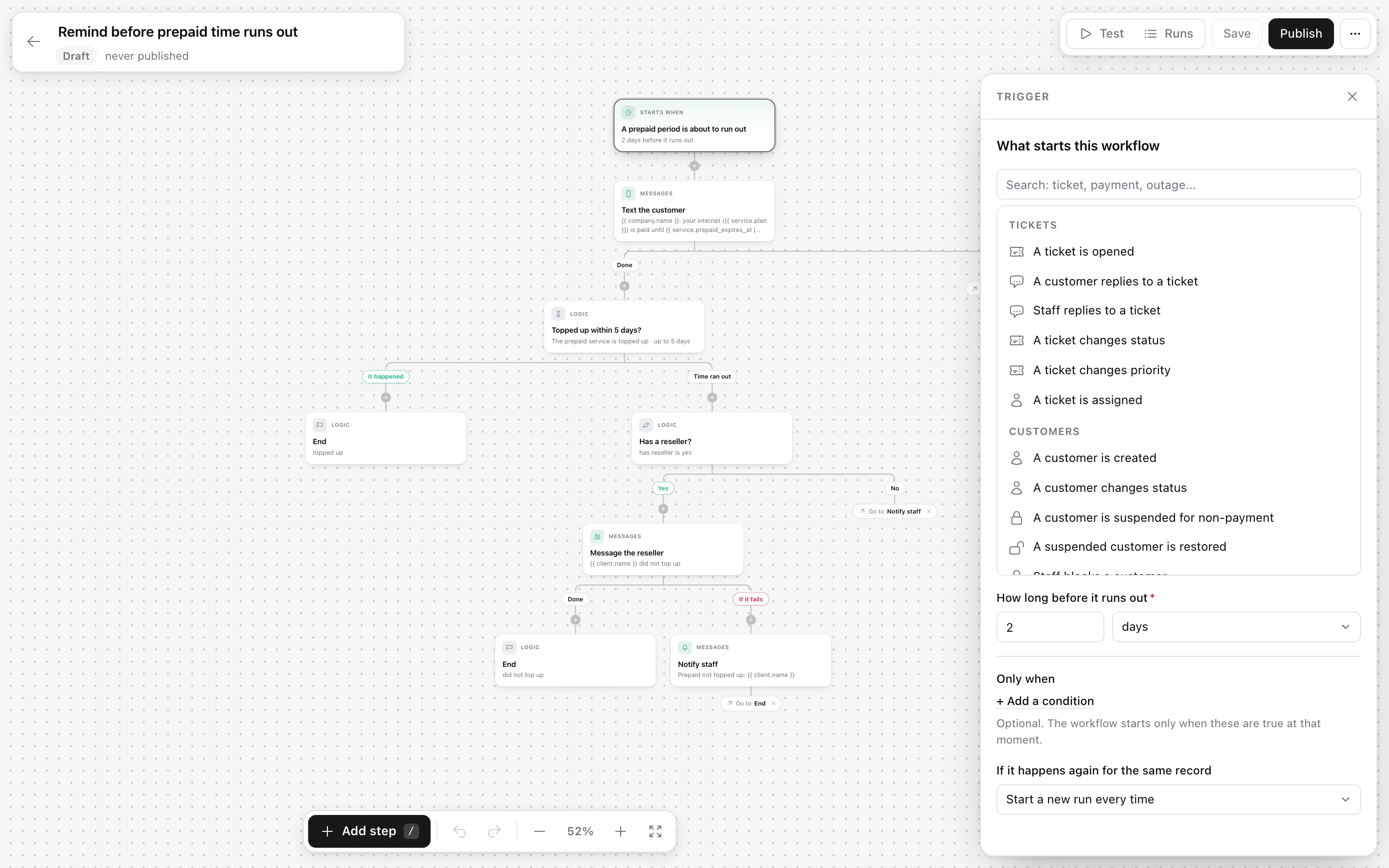 The trigger panel with the list of triggers grouped by Tickets and Customers, and the setting How long before it runs out