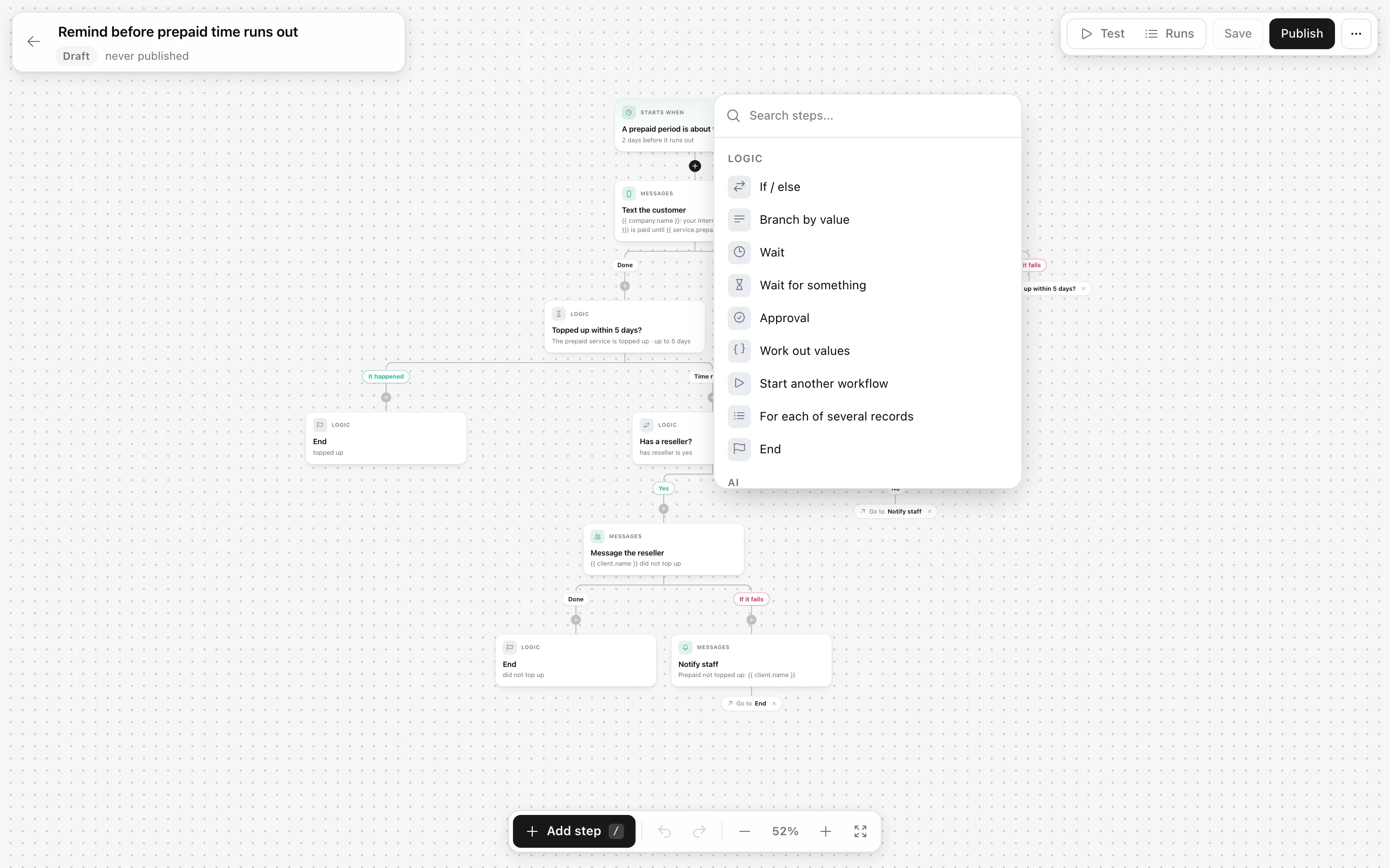 The step search opened from a plus between two steps, listing steps by category